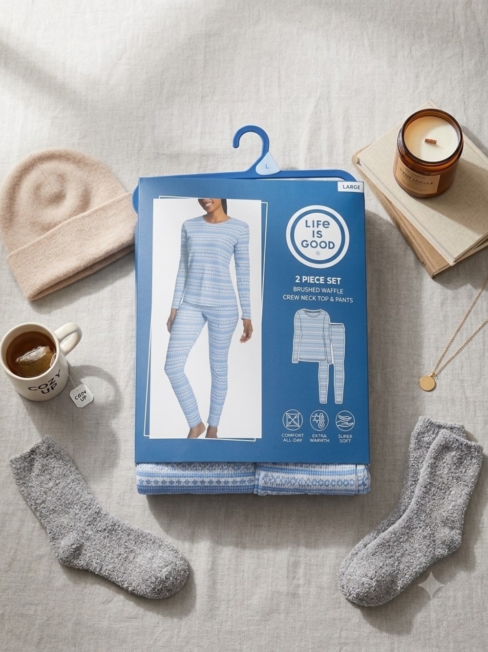 Life Is Good Women's Light Blue Brushed Waffle Crew Neck Pajama Set